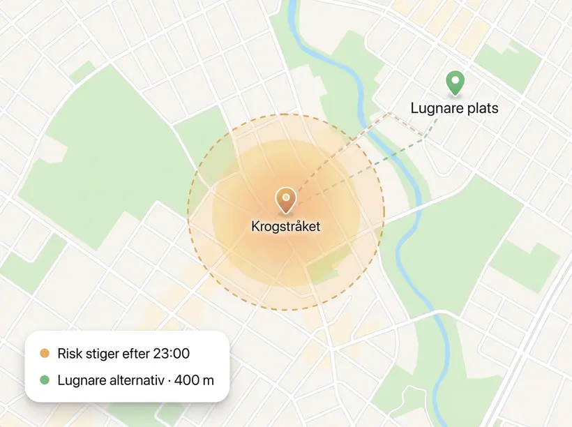 Karta: Krogstråket där risken stiger efter 23, lugnare plats 400 m bort