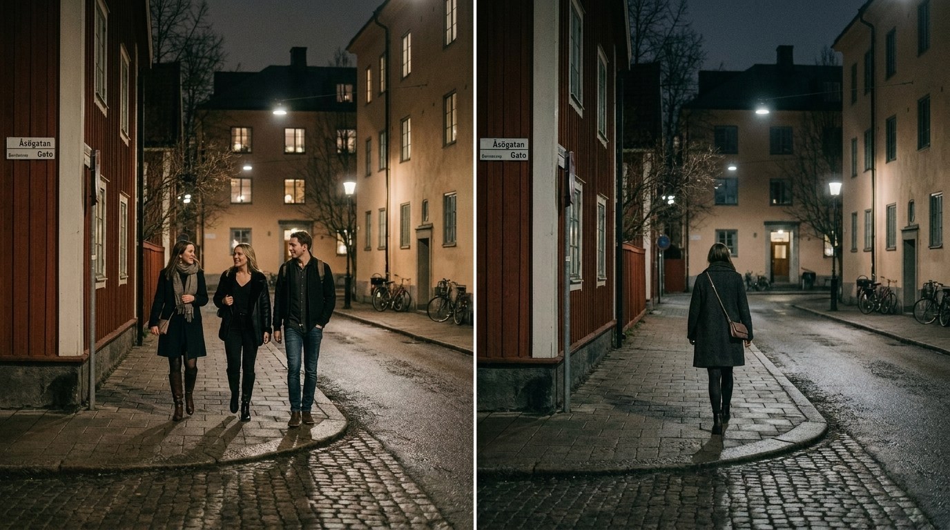 Diptyk av samma svenska gathörn på natten: till vänster tre vänner i festkläder på väg ut, till höger samma gata med en ensam kvinna på väg hem.